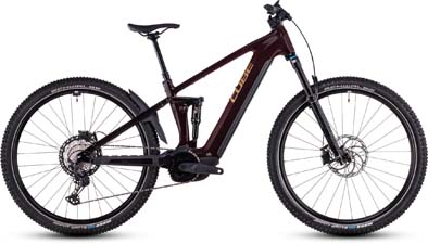 Je ziet hier een donkerrode Cube Stereo Hybrid ONE22 SLX e-bike.