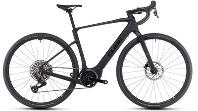 Je ziet hier een zwarte Cube Nuroad Hybrid SLX e-bike.