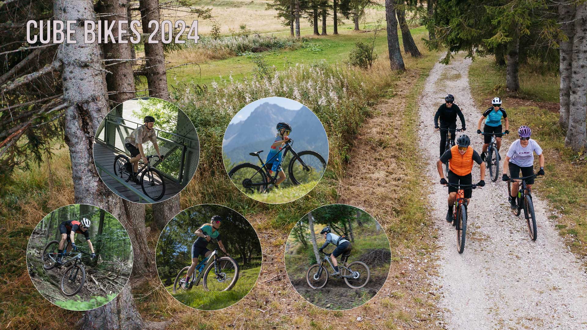 Banner met de titel Cube Bikes 2024 met foto's van fietsers op verschillende Cube-fietsen, waaronder gravelfietsen, kinderfietsen, mountainbikes en volledig geveerde fietsen.