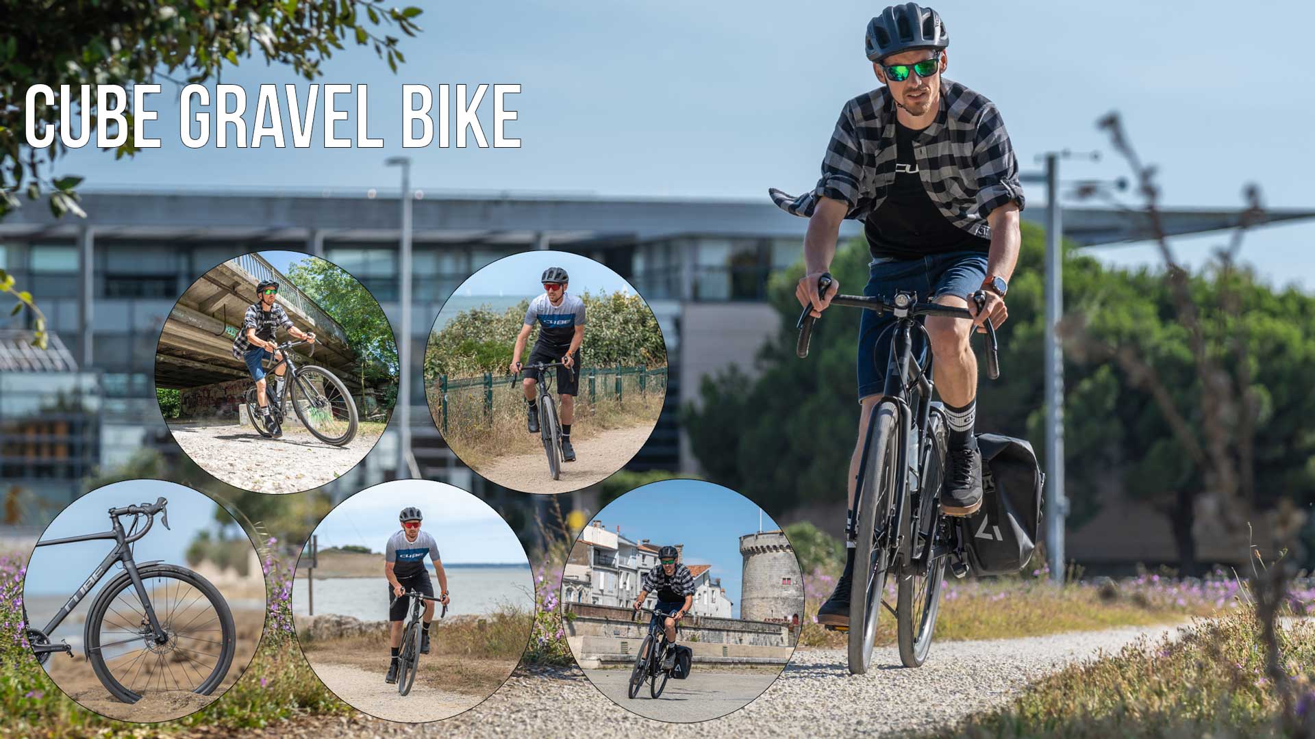 Je kunt een fotocollage zien met de inscriptie Cube Gravel Bike. Het toont verschillende afbeeldingen van fietsers op een gravel bike.