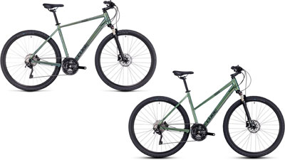 Twee Cube Nature EXC-fietsen met diamantframe en trapeziumframe.