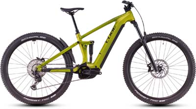 Je ziet hier een gele Cube Stereo Hybrid ONE44 Pro e-bike.