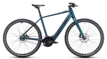 Je ziet hier een blauwe Cube Editor Hybrid SLT e-bike.