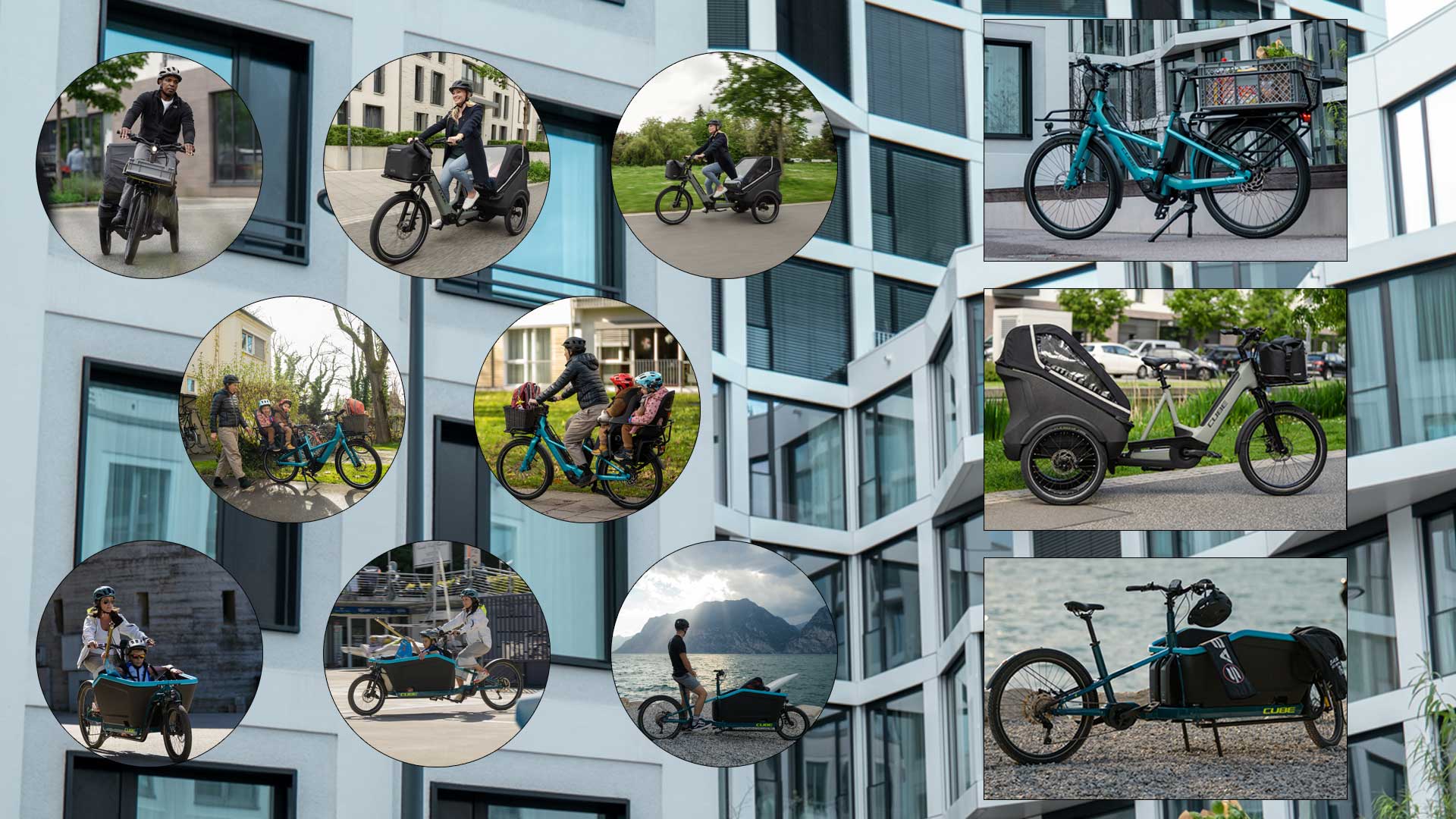 Je ziet een fotocollage met verschillende situaties waarin een bakfiets wordt gebruikt. Dit illustreert de verschillende gebruiksmogelijkheden van een bakfiets.
