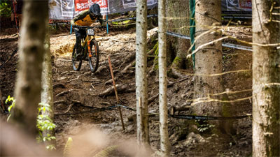 Een downhill racer rijdt een gewortelde helling af.