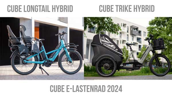 Spandoek met het opschrift Cube E-Trekkingbike 2024. Daaronder een Cube Supreme Hybrid en een Cube Kathmandu Hybrid, elk gelabeld in de afbeelding.
