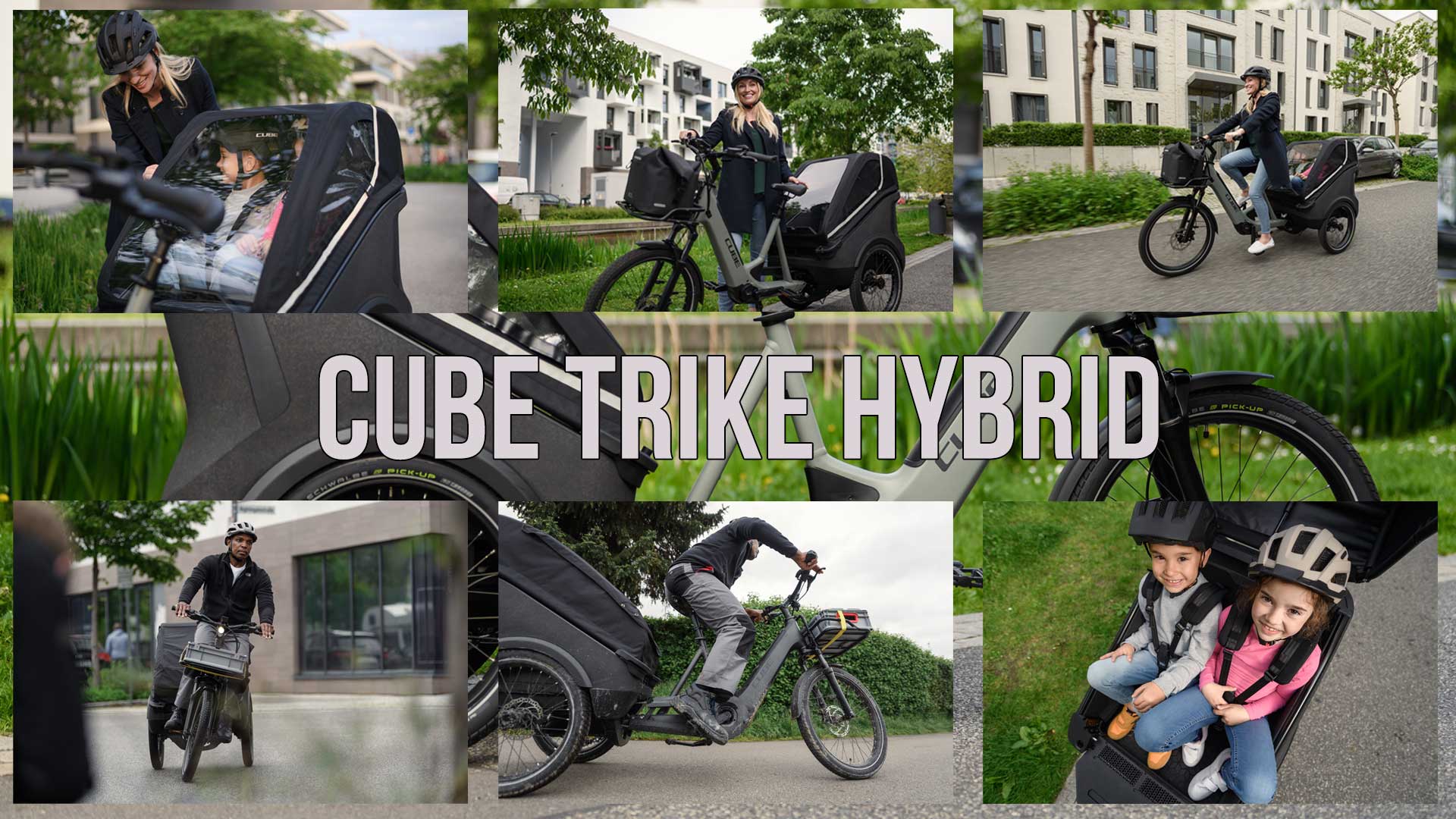 Je kunt een fotocollage bekijken met de titel Cube Trike Hybrid, die de Cube Trike bakfiets in verschillende gebruiksomgevingen laat zien.