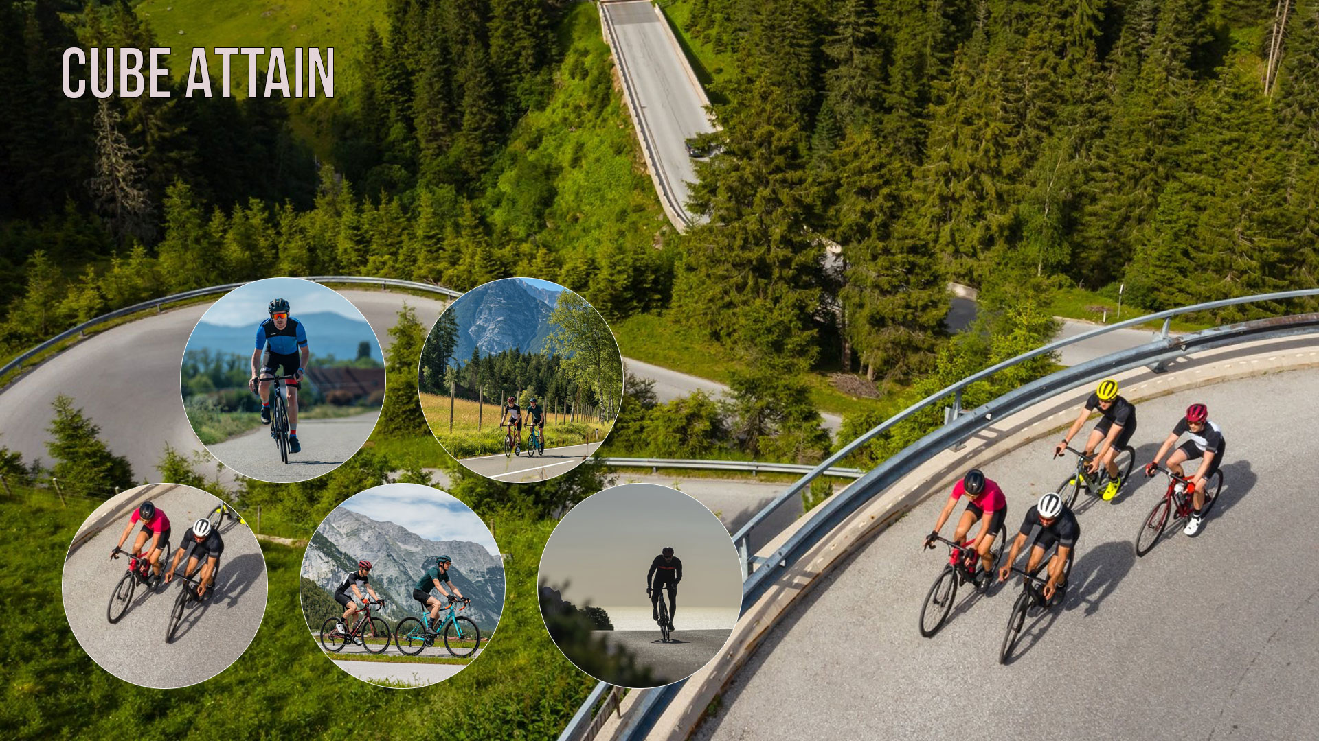 Spandoek met het opschrift Cube Attain. Vier fietsers rijden op een snelweg op Cube Attain racefietsen. Vijf cirkelvormige afbeeldingen tonen ze ook op tweebaans autowegen.