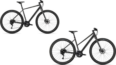 Twee Cube Hyde fietsen, één met een ruitvormig frame en één met een trapeziumvormig frame.