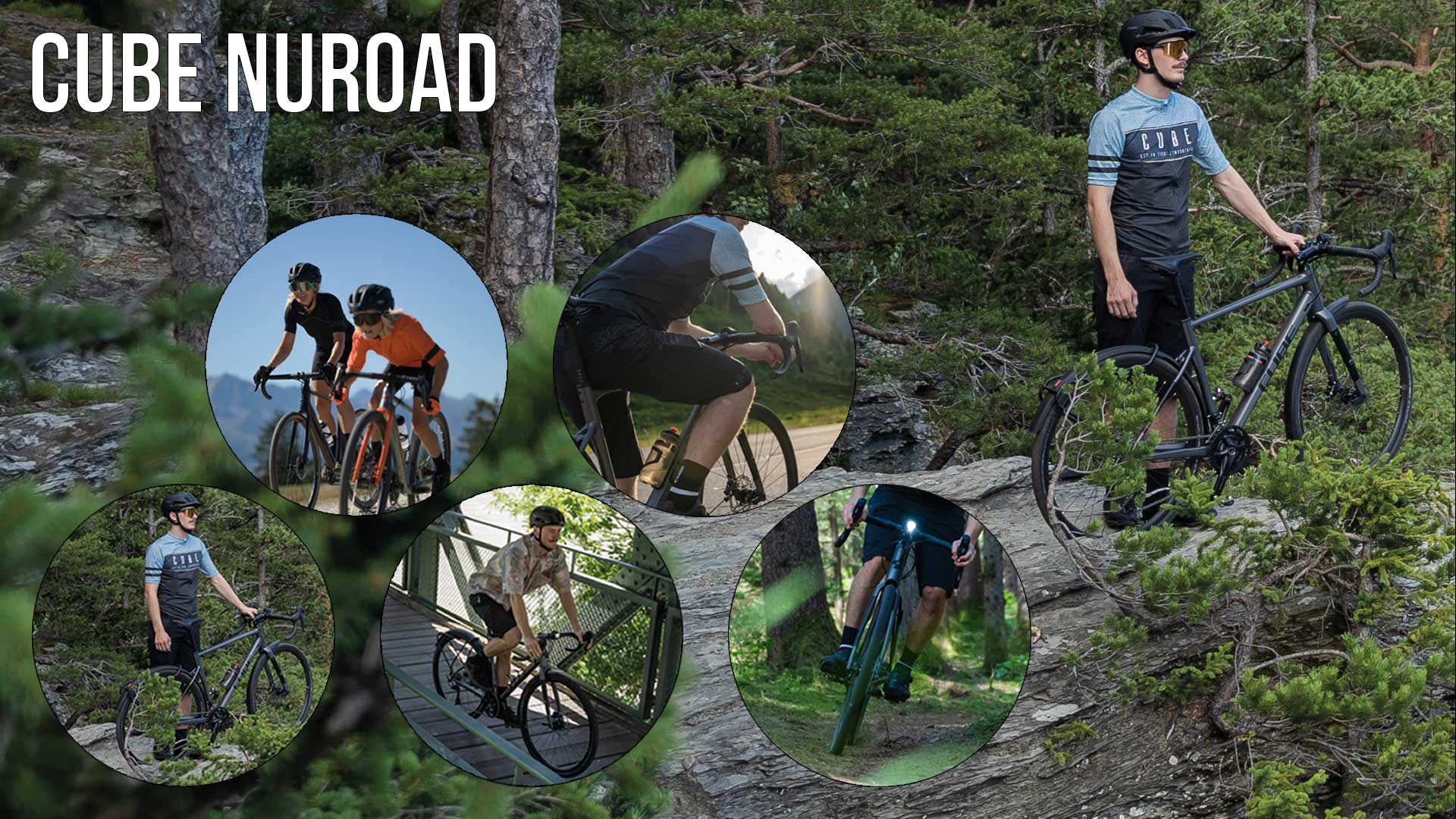 Banner met de titel Cube Nuroad. Een man staat in het bos en houdt een Cube Nuroad gravel bike vast met één hand op het stuur. Vijf ronde beelden tonen de fiets in actie. Fietsers zijn te zien op hun Cube Nuroad gravel bike.