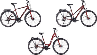 Drie Cube Touring EXC fietsen naast elkaar: één met een diamant frame, één met een trapeziumvormig frame en één met een lage instap frame.