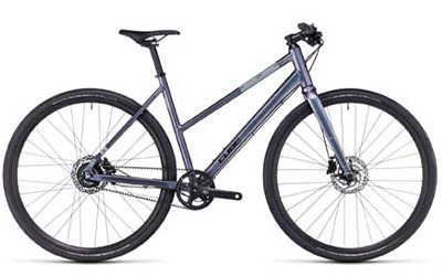 Cube Hyde fitnessfiets met trapeziumvormig frame in zilver.