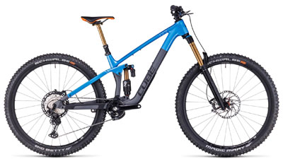 Cube Stereo ONE55 C:62 SLT Volledig blauwe mountainbike met grijs subframe.
