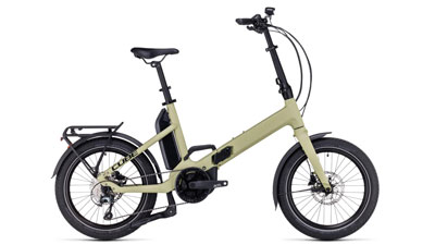 Te zien is een beige Cube Fold Hybrid e-bike.