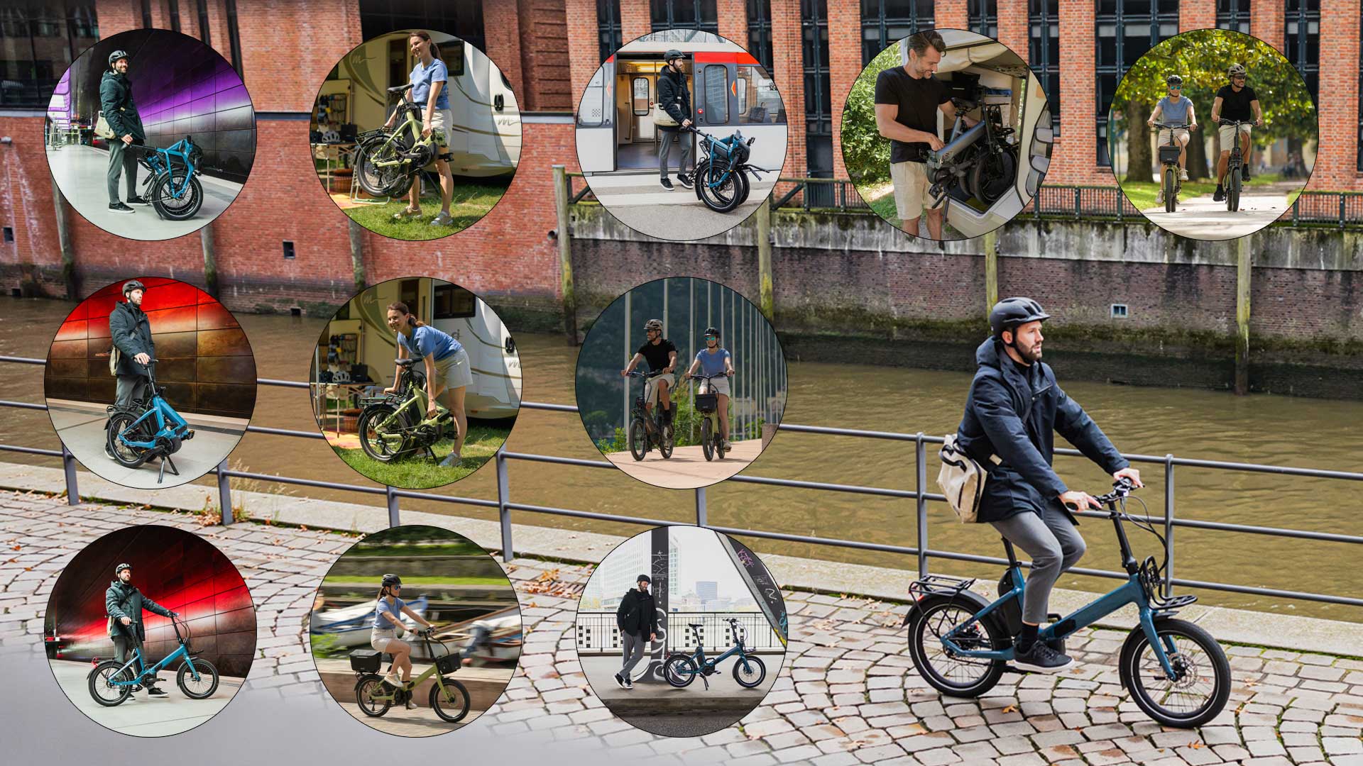 Je kunt een fotocollage bekijken van mensen die reizen met een vouwfiets in verschillende situaties.
