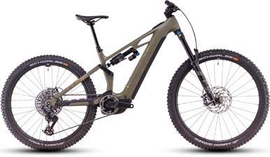 Te zien is een bruine Cube Stereo Hybrid ONE77 HPC TM e-bike.