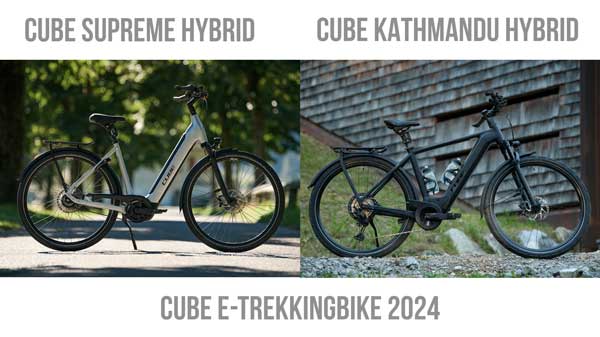 Spandoek met het opschrift Cube E-Trekkingbike 2024. Daaronder een Cube Supreme Hybrid en een Cube Kathmandu Hybrid, elk gelabeld in de afbeelding.