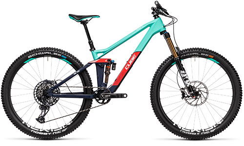 Cube full mountainbike voor dames in turquoise-groen en rood.