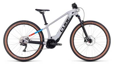 Je ziet een witte Cube Reaction Hybrid met blauwe en rode details.