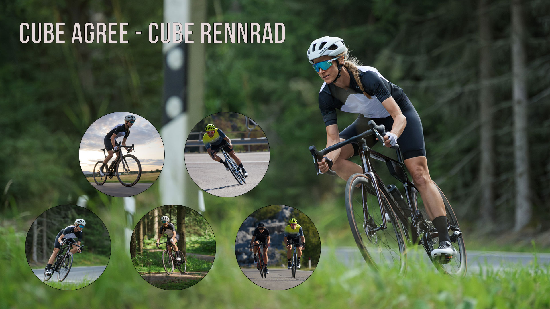 Banner met de titel Cube Agree - Cube racefiets. Een vrouw rijdt over een weg op een Cube Agree racefiets. Vijf ronde beelden tonen haar en andere fietsers met Cube Agree racefietsen in actie.