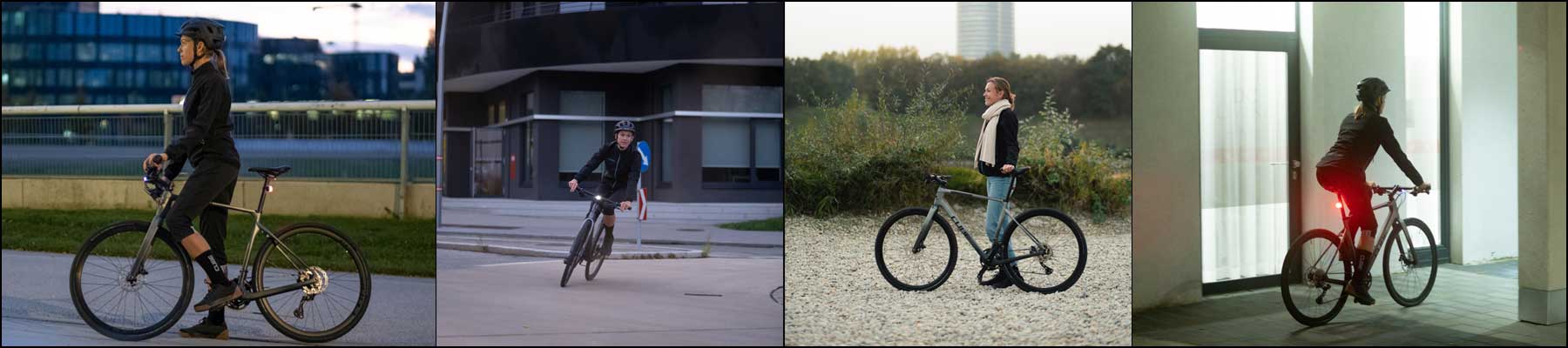 Banner met vier foto's van een fietser met een Cube Nulane fiets in verschillende situaties op de weg.