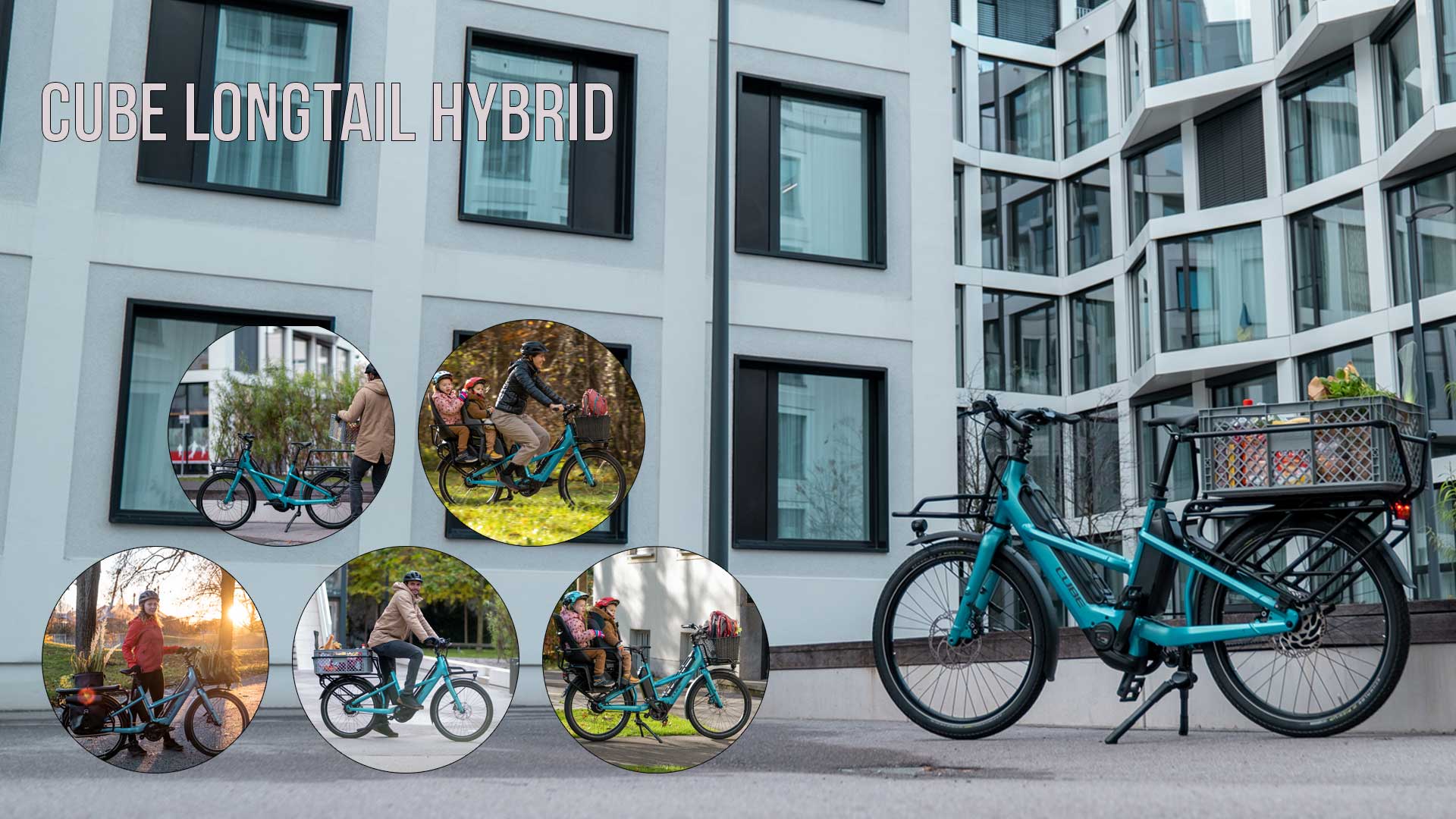 Je kunt een fotocollage zien met de titel Cube Longtail Hybrid, met verschillende foto's van fietsers met de Cube Longtail in een stedelijke omgeving.