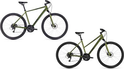 Twee Cube Nature fietsen met diamantframe en trapeziumframe.