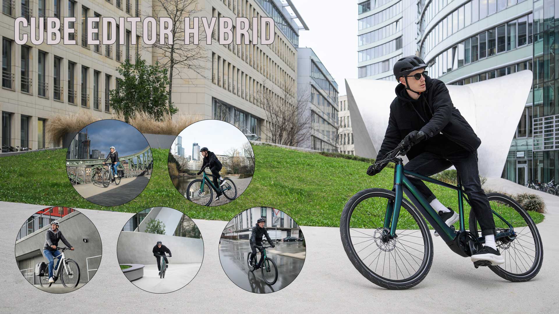 Je kunt een fotocollage zien met de titel Cube Editor Hybrid, waarop verschillende fietsers met de Cube Editor Hybrid in stedelijke scènes te zien zijn.