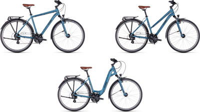 Drie Cube Touring One-fietsen naast elkaar: één met een diamant frame, één met een trapeziumvormig frame en één met een lage instap frame.