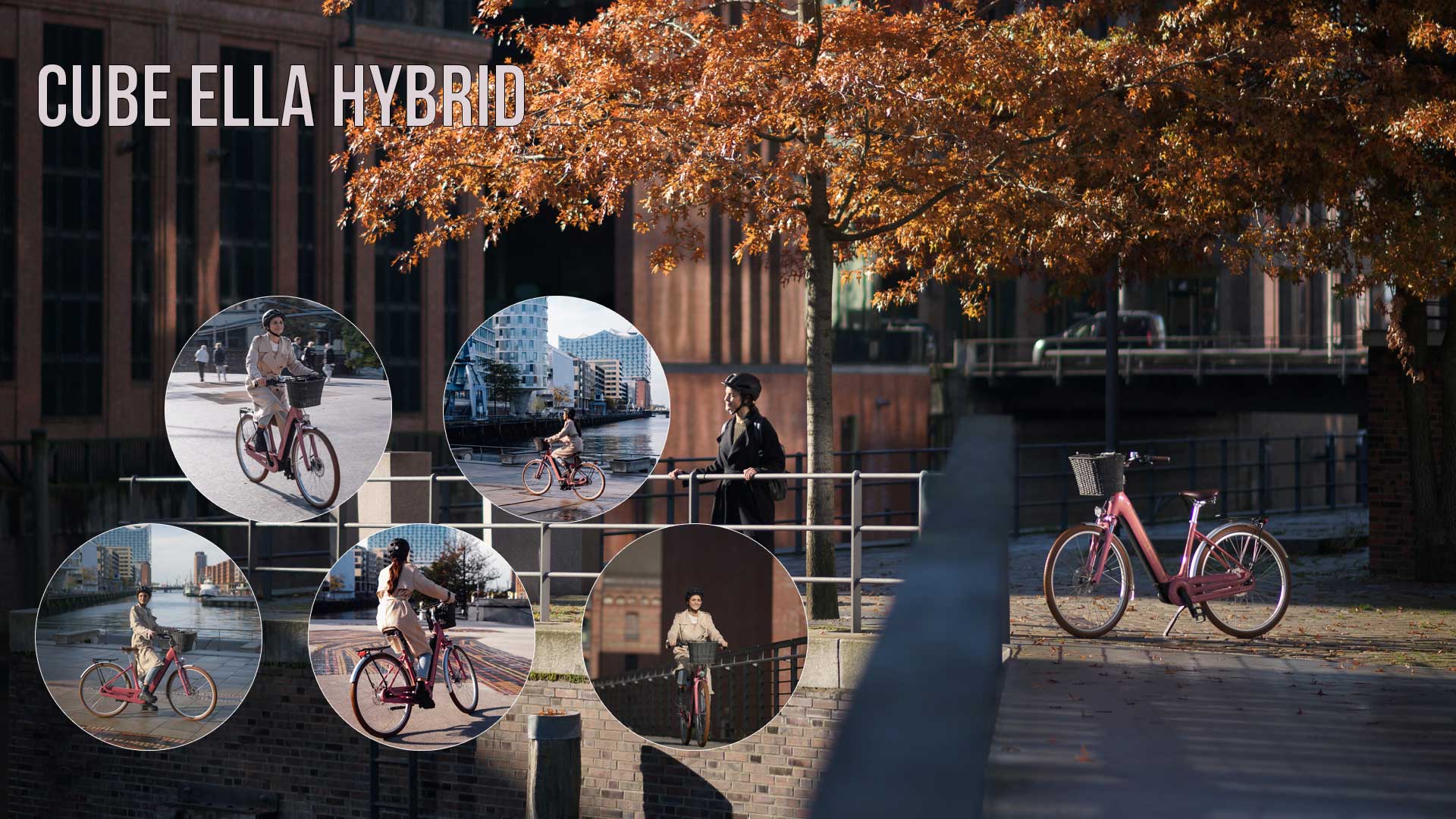 Er is een fotocollage te zien met de titel Cube Ella Hybrid, met verschillende foto's in een stedelijke omgeving.