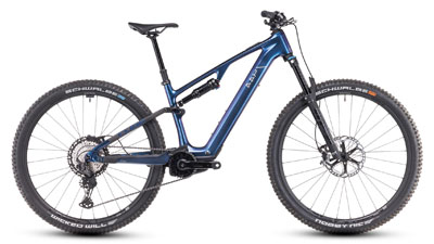 Je ziet een donkerblauwe Cube AMS Hybrid fiets.