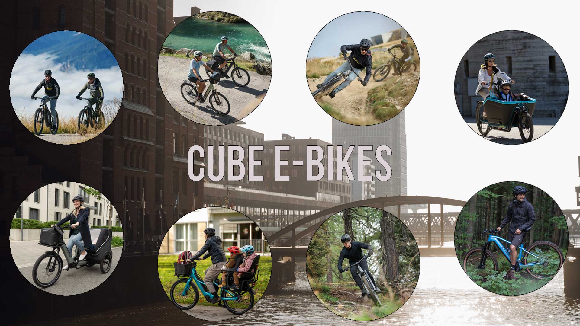 Je ziet een fotocollage met de titel Cube E-Bikes. Het toont e-bike rijders in verschillende situaties.