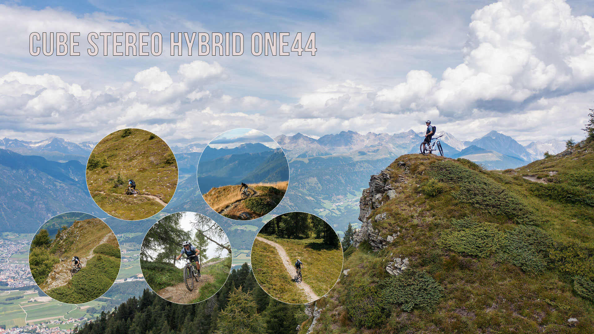 Je ziet een fotocollage met de titel Cube Stereo Hybrid ONE44, waarop verschillende fietsers door een berglandschap rijden.