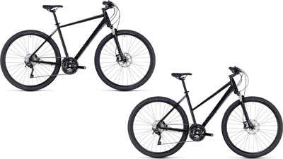 Twee Cube Nature SLX-fietsen met diamantframe en trapeziumframe.