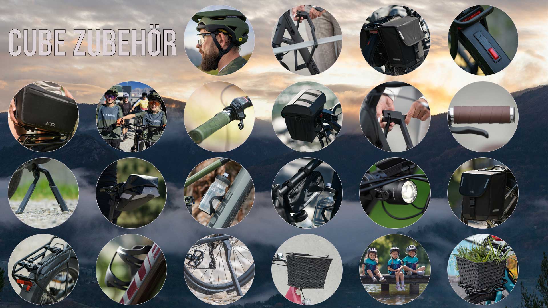 Je ziet een fotocollage met de titel Cube Accessoires. Het toont alle mogelijke accessoires die worden aangeboden door de fabrikant Cube.
