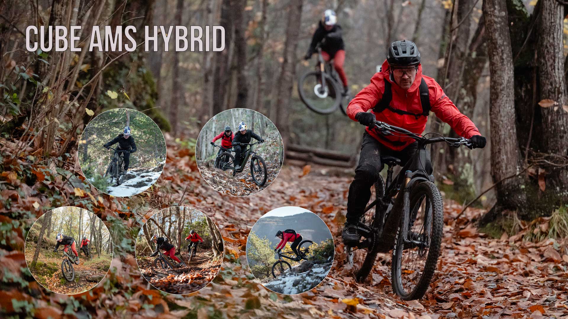Je kunt een fotocollage zien met de titel Cube AMS Hybrid. Het laat verschillende fietsers zien die door het bos rijden.